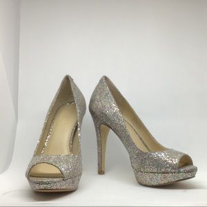 INC Silver Glitter Platform Heels, Size 7M